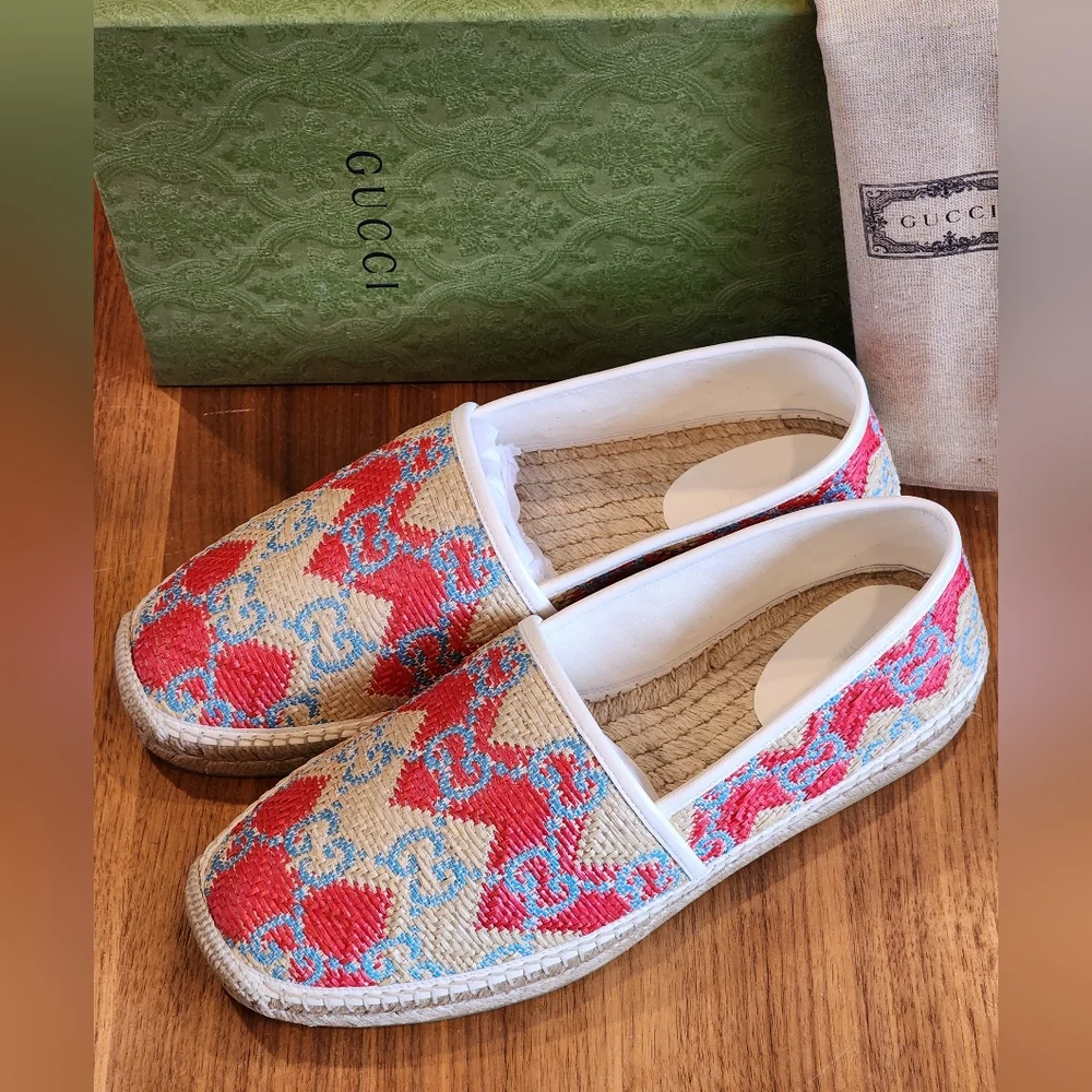 $650 New Auth Gucci Mens Herringbone Straw GG Monogram Espadrille G 12 US 12.5